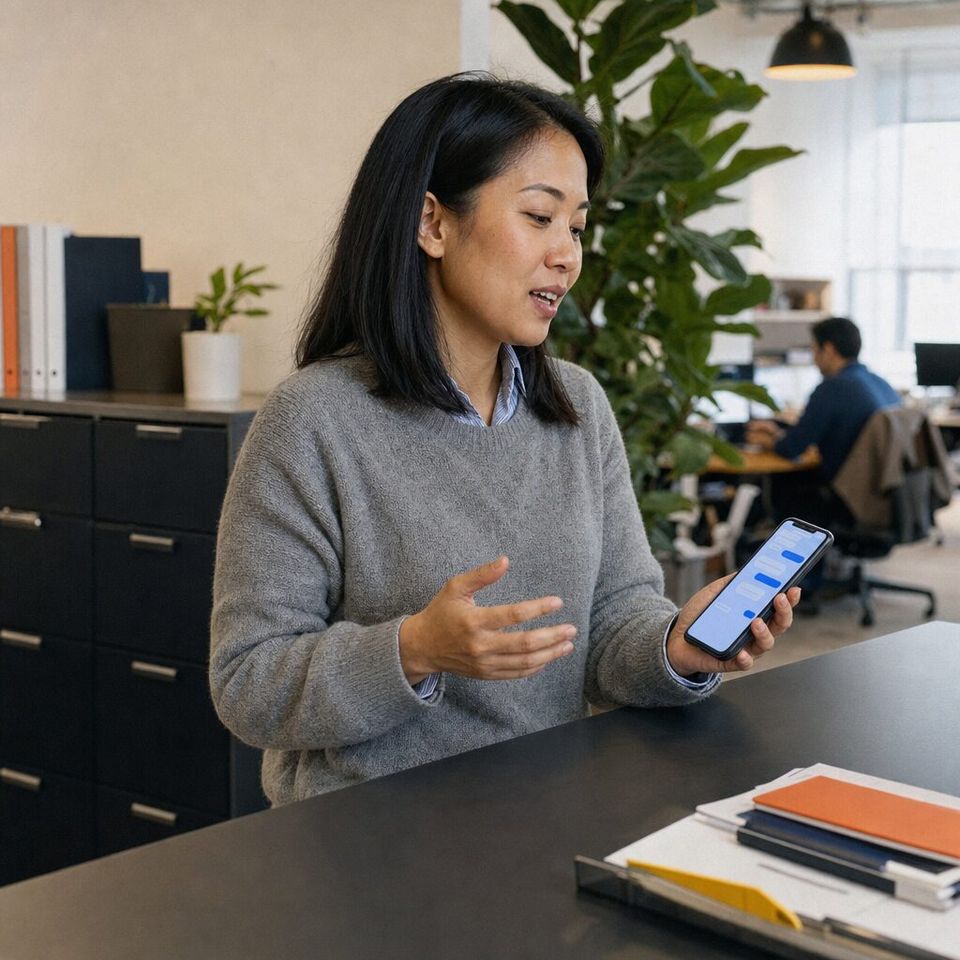 Illustrative photo: the operations manager setting up her firm's new AI platform asks the Onboarding Agent for help from their phone.