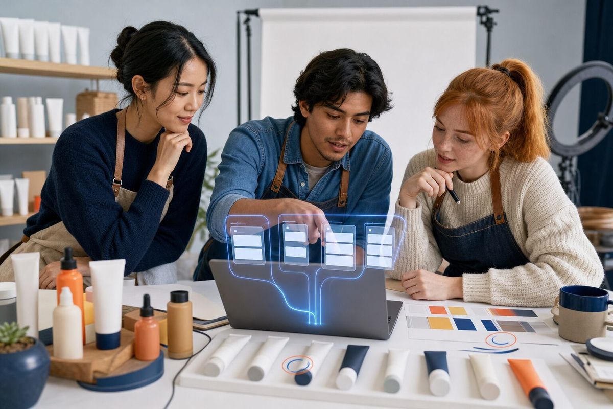 Illustrative photo: the Online Store Manager at work for the founder, packing lead and designer of an online skincare shop, laying out results as blue panels above a laptop.