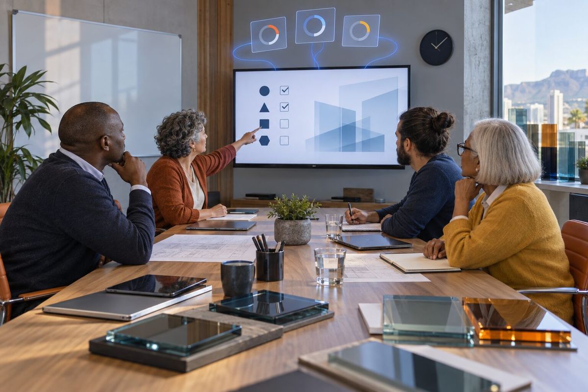 Illustrative photo: the Operating Rhythm Coach at work for the leadership group of an architectural-glass fabrication company, laying out results as blue panels above a monitor.