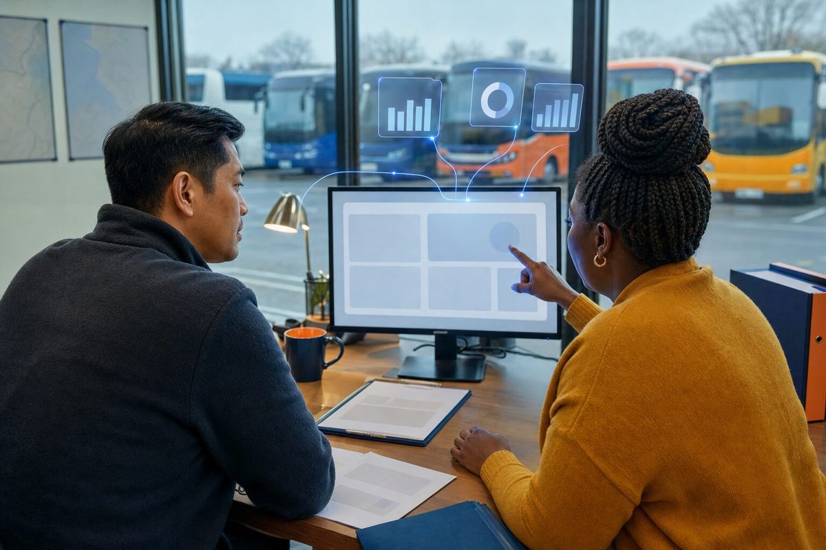 Illustrative photo: the Operations Analyst at work for the owner and dispatch manager of a regional coach-tour operator, laying out results as blue panels above a monitor.