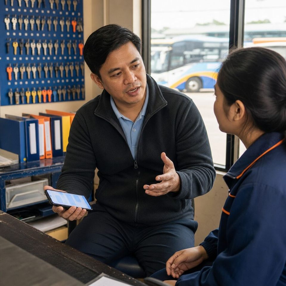 Illustrative photo: the owner of a regional coach-tour operator asks the Operations Analyst for help from their phone.
