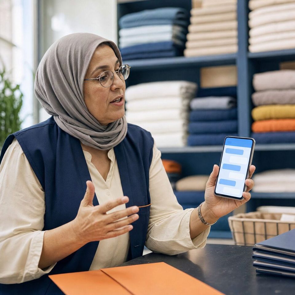 Illustrative photo: the owner of a regional laundry-and-linen service asks the Operations Director for help from their phone.