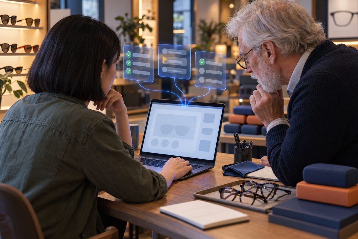 Illustrative photo: the Page Speed Monitor at work for the team behind an online eyewear retailer, laying out results as blue panels above a laptop.