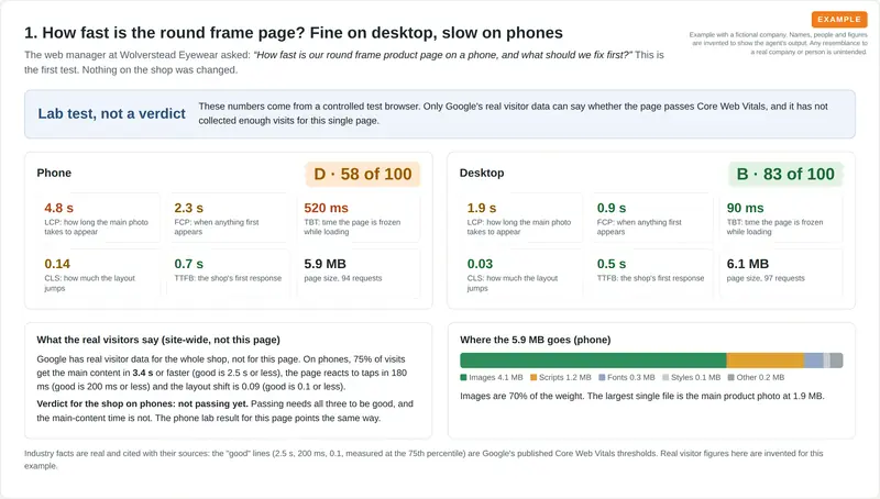Phone grade D and desktop grade B with key timing numbers, a real-visitor verdict and a bar showing where the page weight goes
