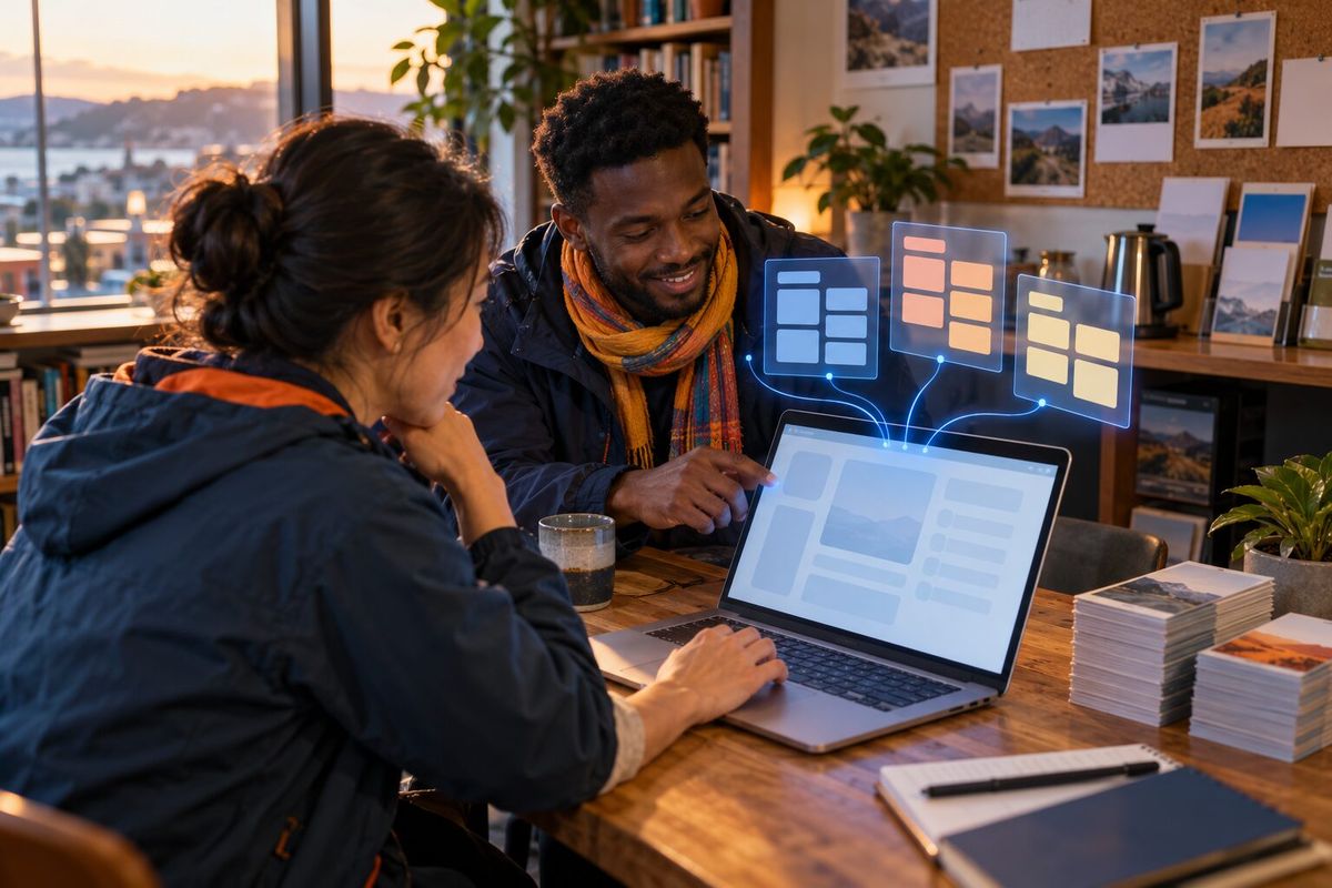 Illustrative photo: the Partnerships Manager at work for the owner and lead guide of a small walking-tour company, laying out results as blue panels above a laptop.