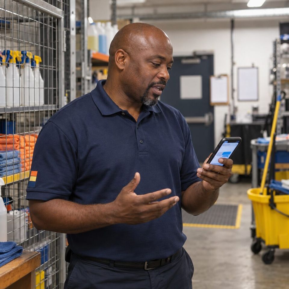 Illustrative photo: the owner of a small commercial-cleaning company with hourly staff asks the Payroll Manager for help from their phone.