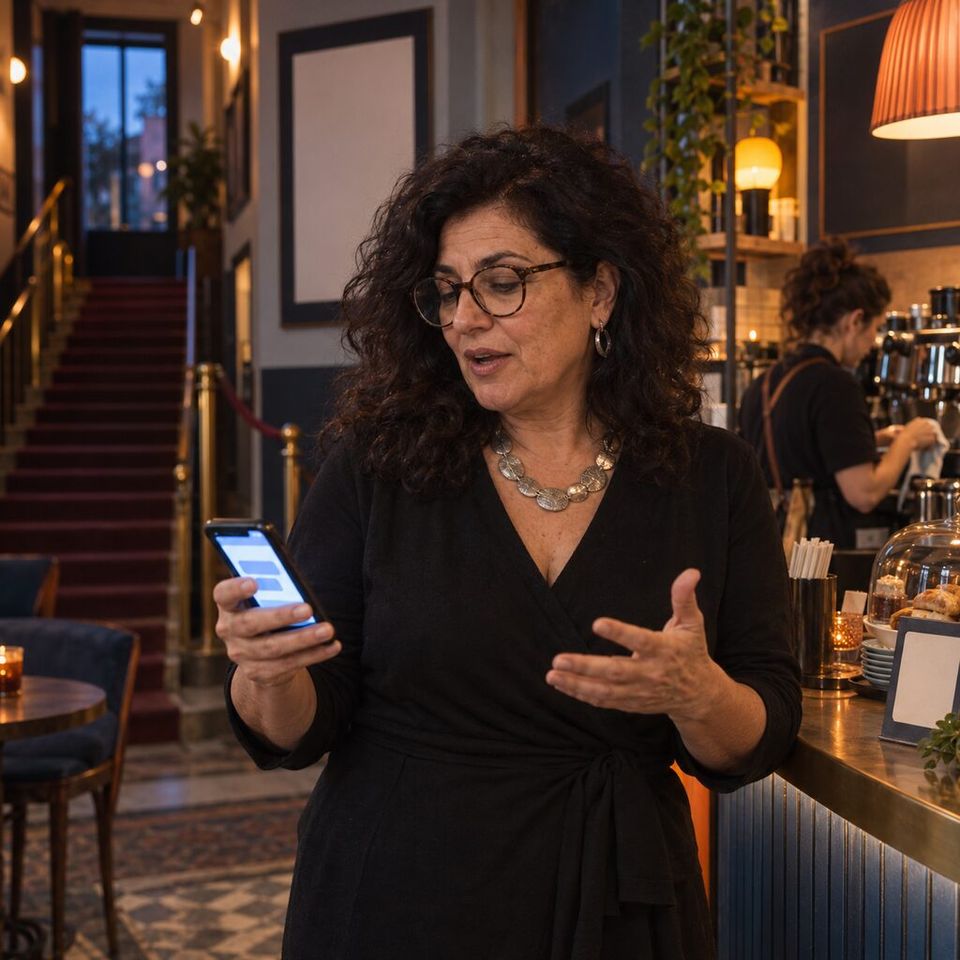 Illustrative photo: the owner and manager of an independent cinema and cafe asks the People Ops Lead for help from their phone.