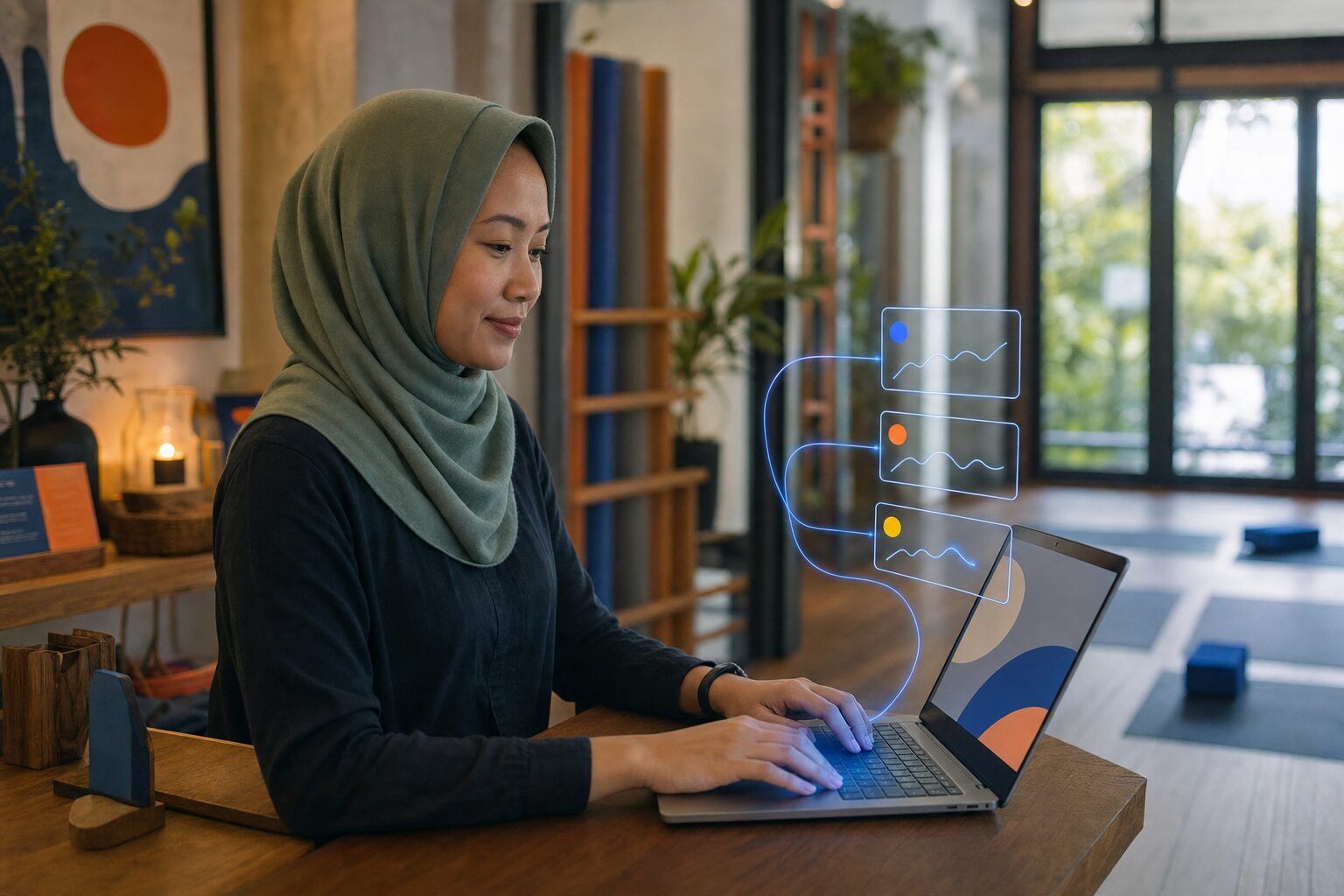 Illustrative photo: the Pipeline Monitor at work for a small yoga studio, laying out results as blue panels above a laptop.