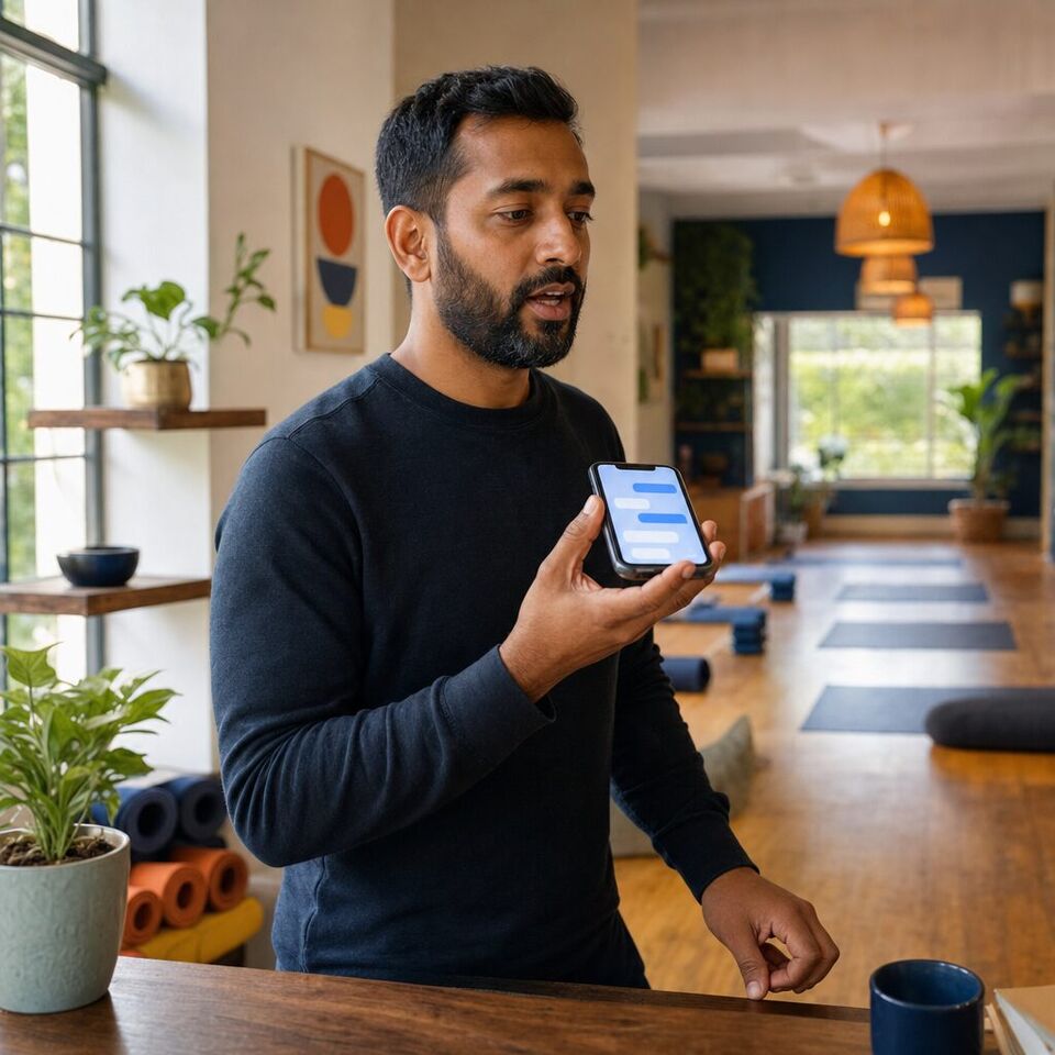 Illustrative photo: the owner of a small yoga studio asks the Pipeline Monitor for help from their phone.