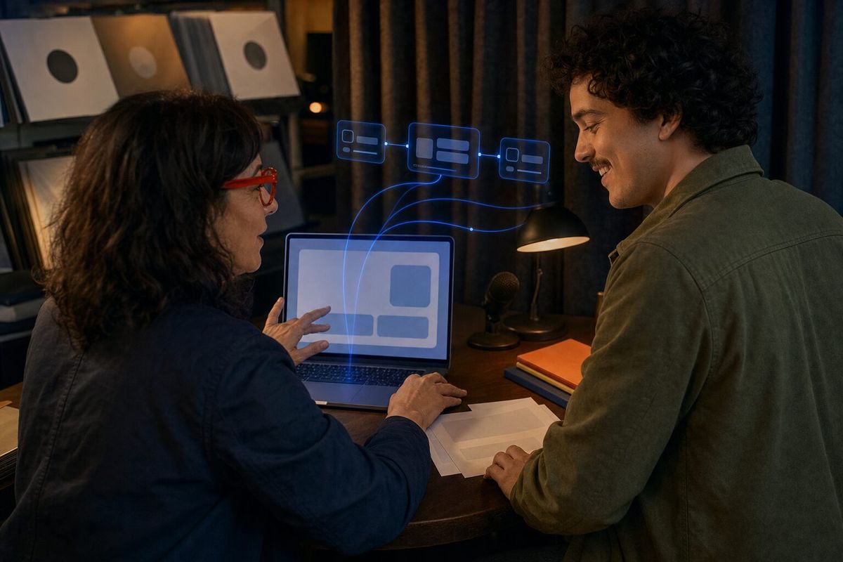 Illustrative photo: the Podcast Guest Booker at work for the owner and events coordinator of an independent record shop, laying out results as blue panels above a laptop.