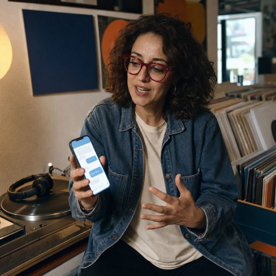 Illustrative photo: the owner of an independent record shop asks the Podcast Guest Booker for help from their phone.