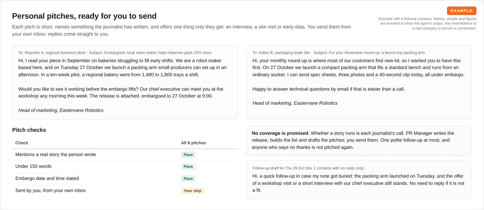 Two short pitch email drafts to a regional reporter and a trade editor, a table of checks across all eight pitches, and a note that no coverage is promised.