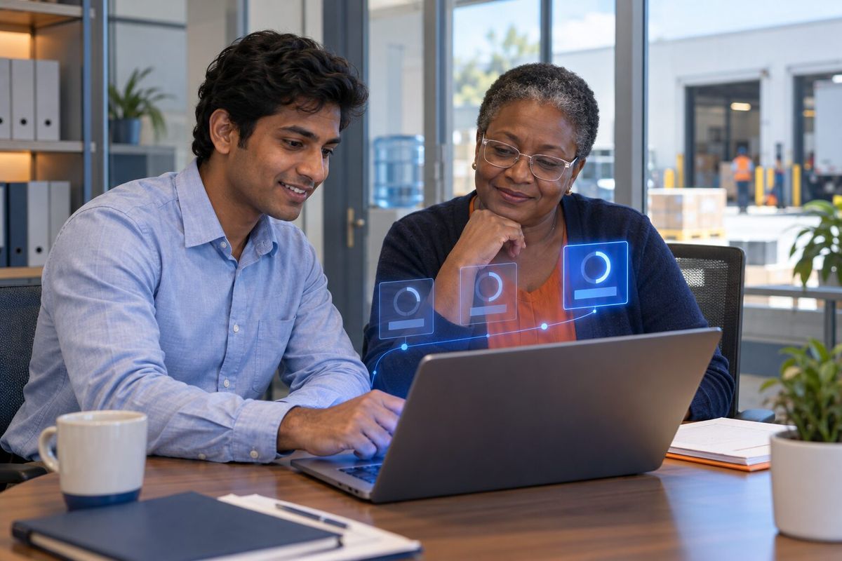 Illustrative photo: the Practice Coach at work for the junior contracts clerk and senior manager of a small medical-supplies distributor, laying out results as blue panels above a laptop.