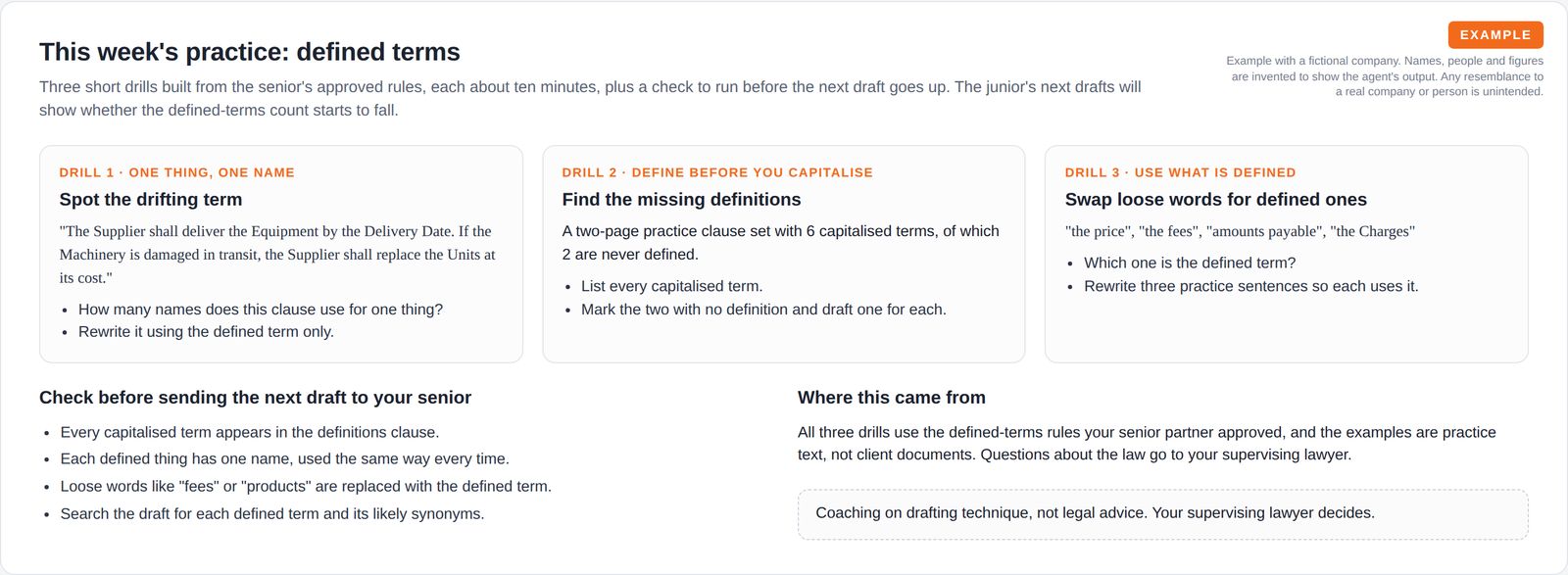 Three drill cards with practice clauses and tasks on defined terms, a checklist to run before the next draft goes to the senior, and a note that the coaching is not legal advice.
