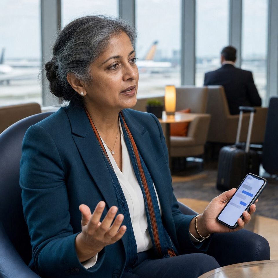 Illustrative photo: the sales director of an engineering consultancy asks the Presentation Agent for help from their phone.