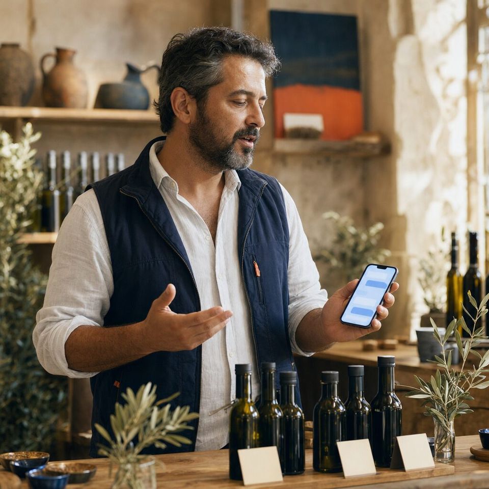 Illustrative photo: the owner of a family-run olive-oil producer asks the Pricing Manager for help from their phone.