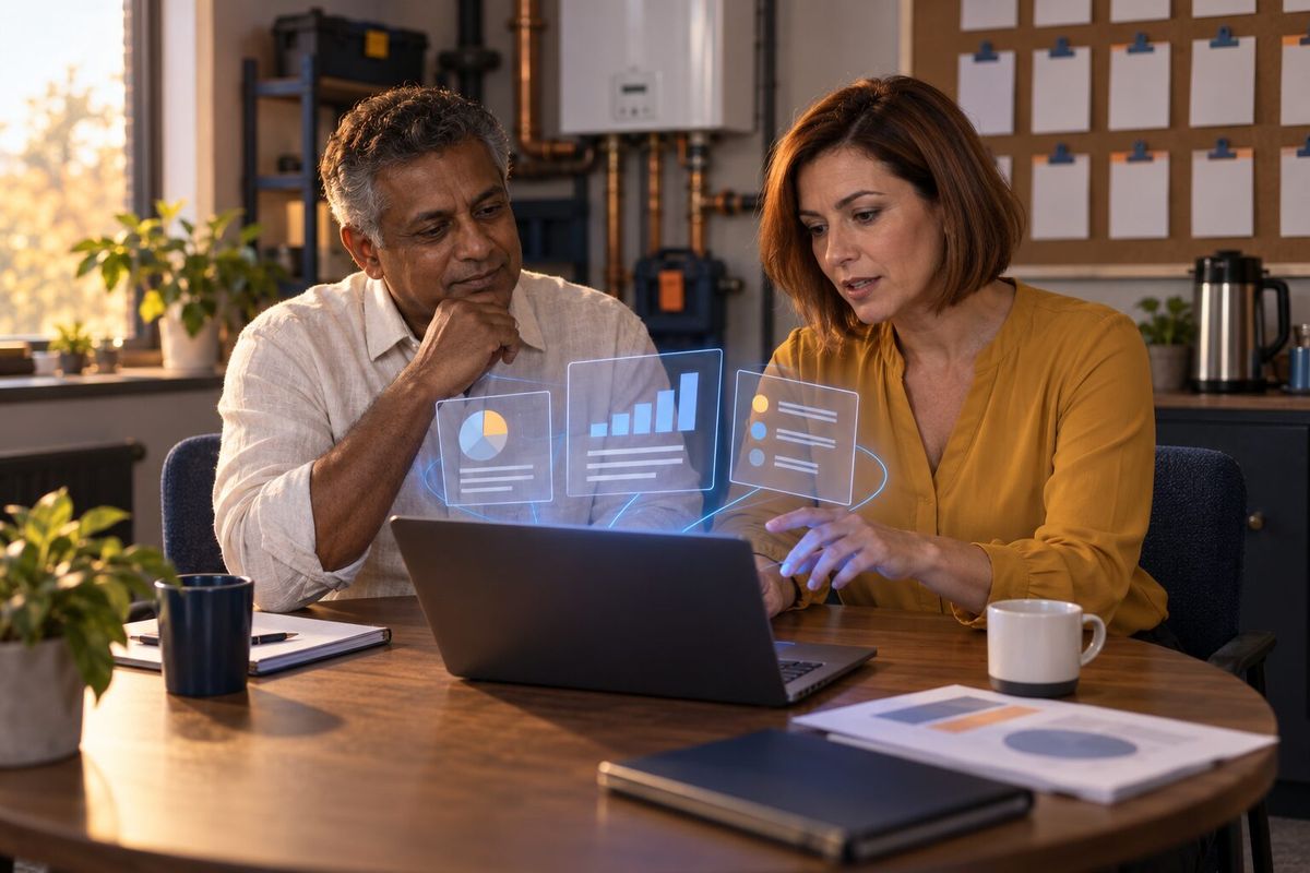 Illustrative photo: the Productivity Tracker at work for the owner and operations manager of an independent plumbing and heating firm, laying out results as blue panels above a laptop.