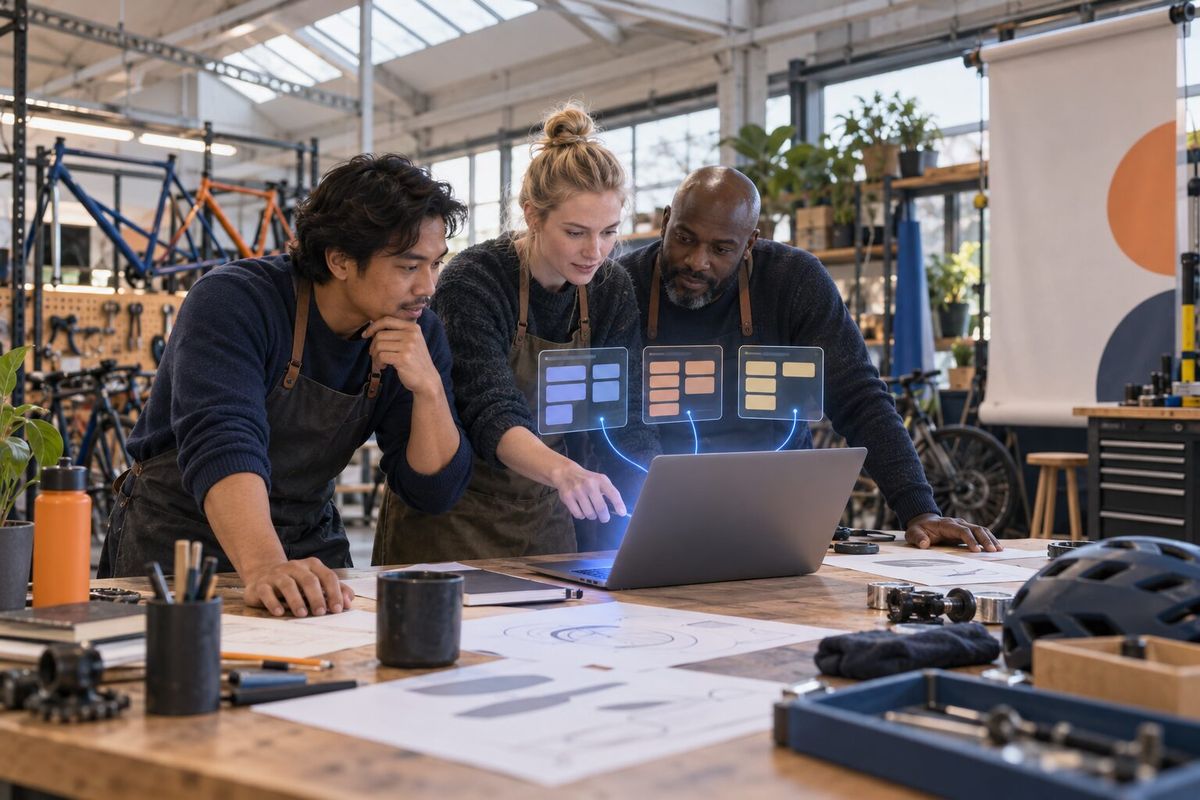 Illustrative photo: the Program Director at work for the launch group of an electric-bike company, laying out results as blue panels above a laptop.