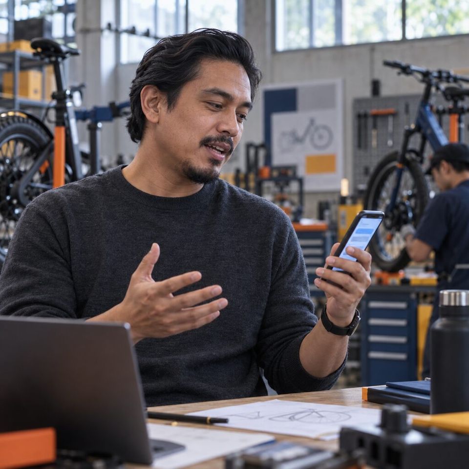 Illustrative photo: the founder of an electric-bike company asks the Program Director for help from their phone.