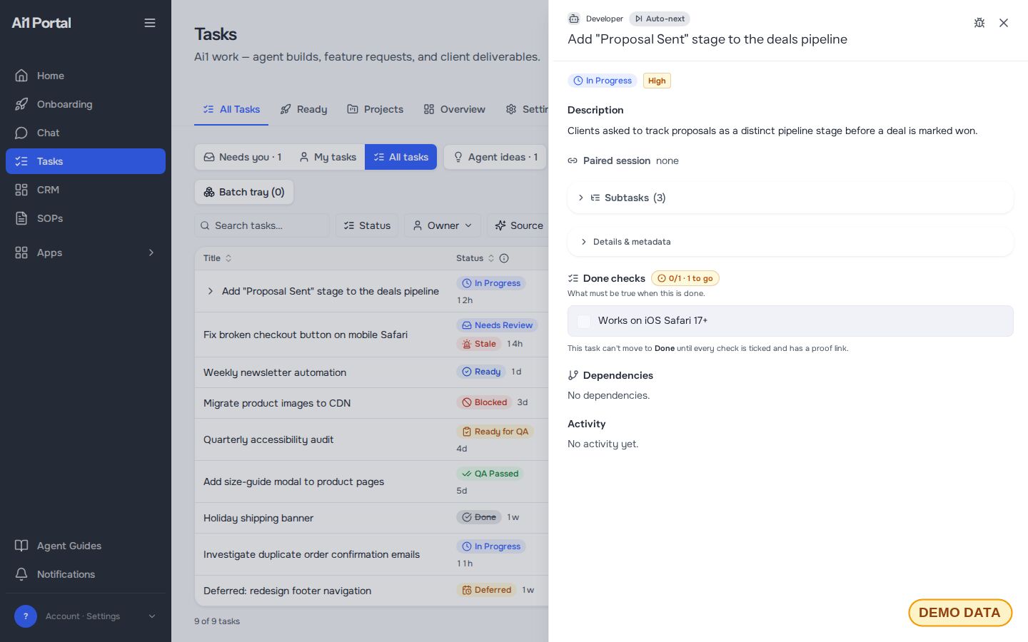 A task opened in the Tasks app, showing its description, subtasks, done checks, dependencies and activity (demo data)