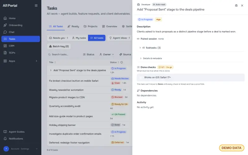 A task opened in Ai1 Tasks, showing its description, subtasks, done checks, dependencies and activity (demo data)