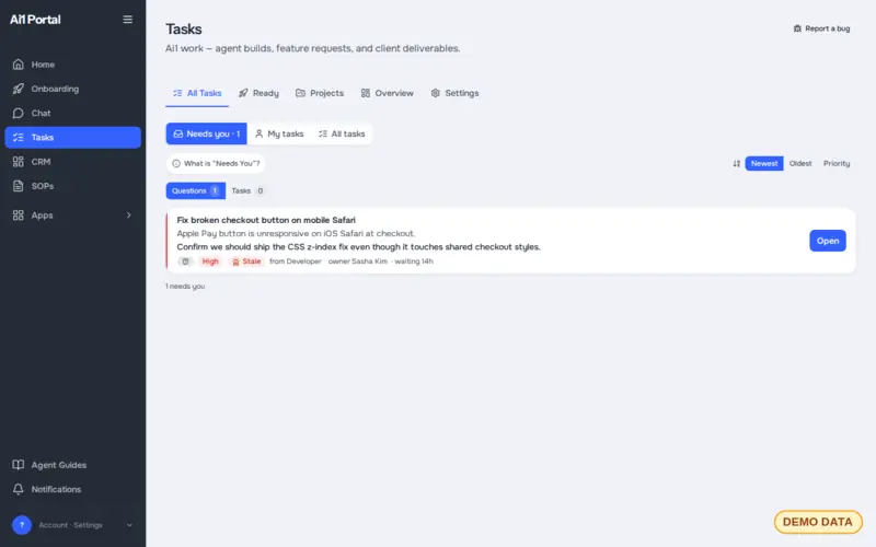 The Needs you view in Ai1 Tasks with one plain-English question waiting for the owner's decision (demo data)