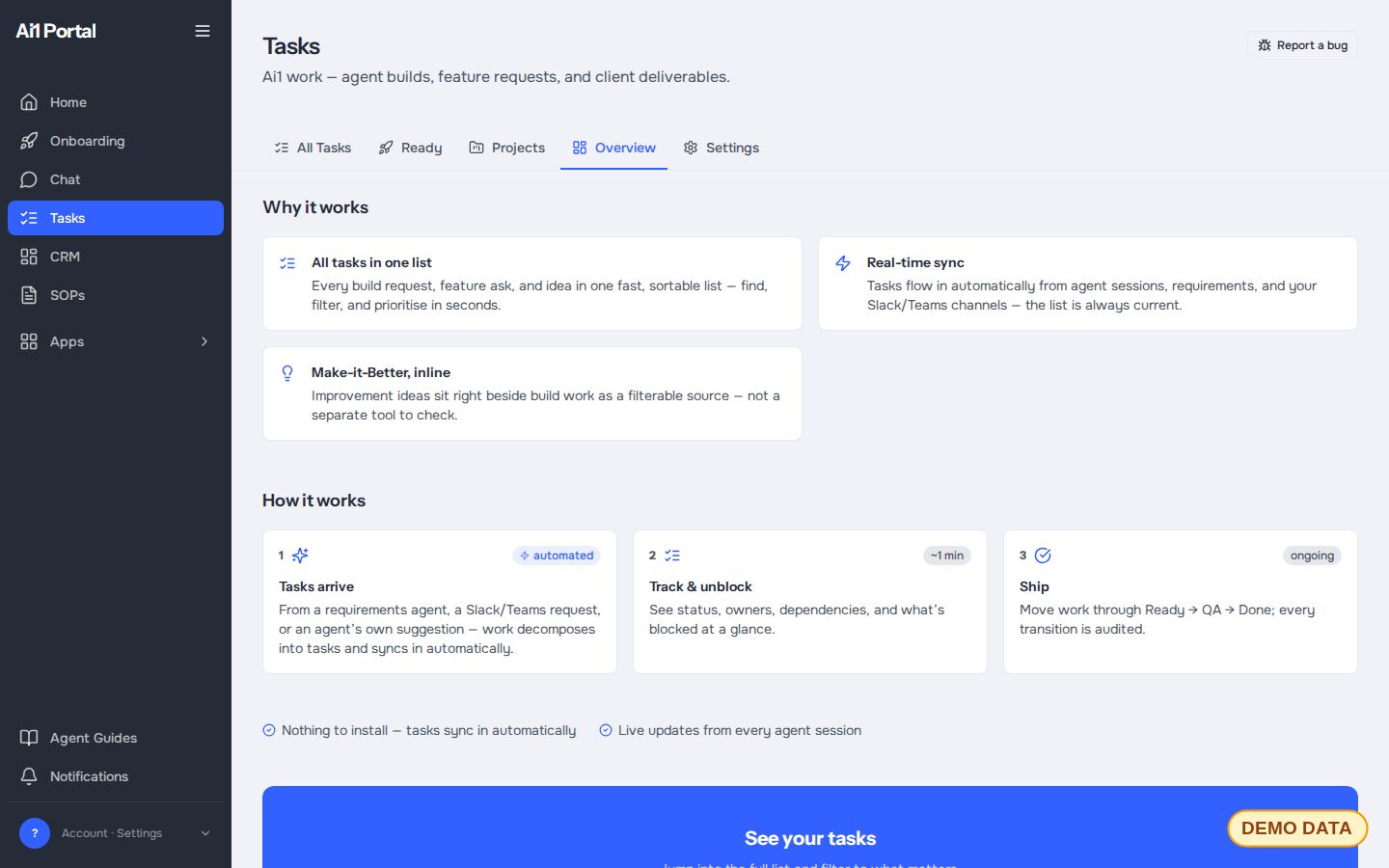 Overview page of the Tasks app explaining how requests arrive, are tracked and unblocked, and move through to done (demo data)
