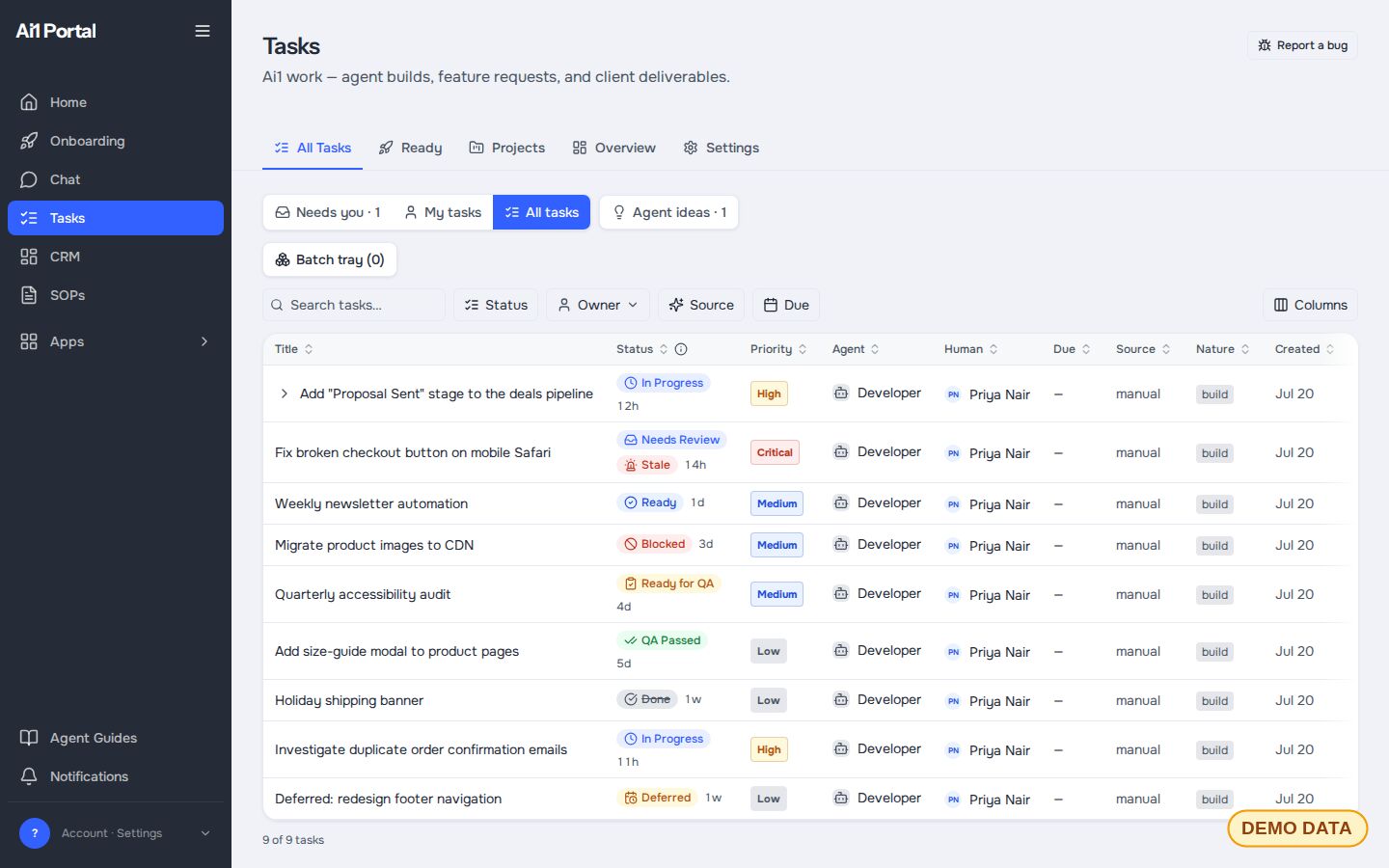 The Tasks app the Project Manager works in, listing sample build requests with their status, priority, assigned agent and owner (demo data)