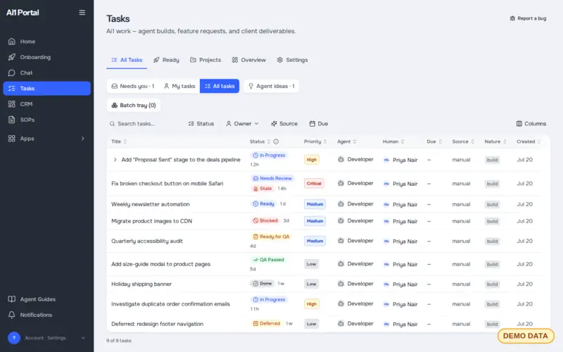 The task list in Ai1 Tasks for a demo account, showing each request with its status, priority, assigned agent and owner (demo data)