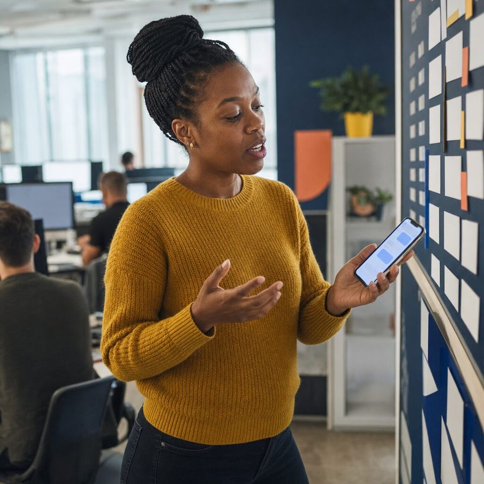 Illustrative photo: the product owner at a software company asks the Project Manager for help from their phone.