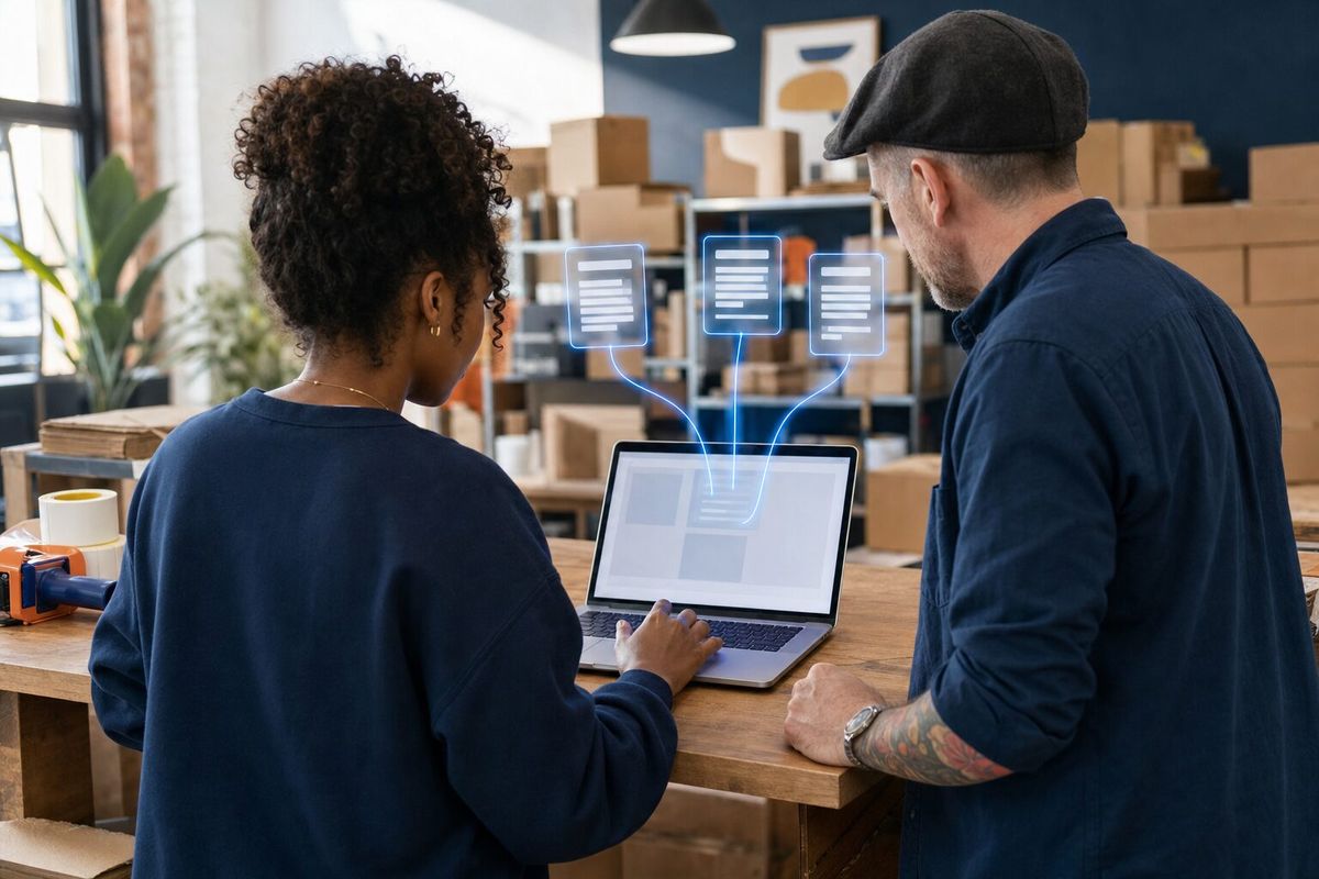 Illustrative photo: the Prompt Engineer at work for the team behind an online pet-supplies shop, laying out results as blue panels above a laptop.