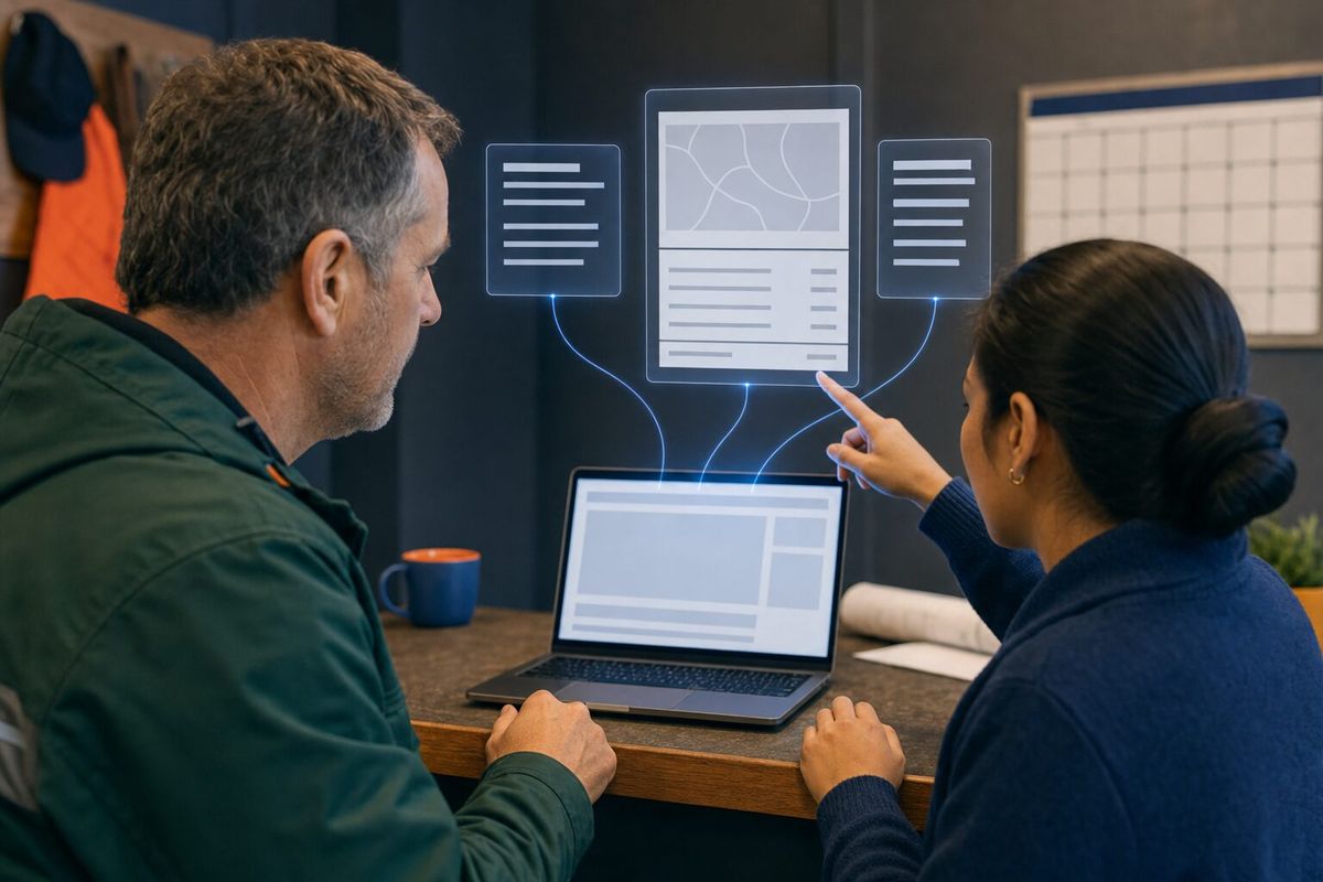 Illustrative photo: Proposal Polisher at work for the owner of a small landscaping and snow removal company and his office manager, laying out results as blue panels above a laptop.