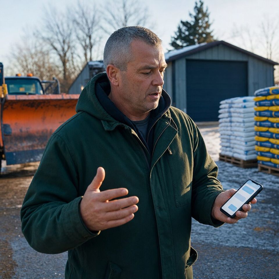 Illustrative photo: the owner of a small landscaping and snow removal company asks Proposal Polisher for help from their phone.