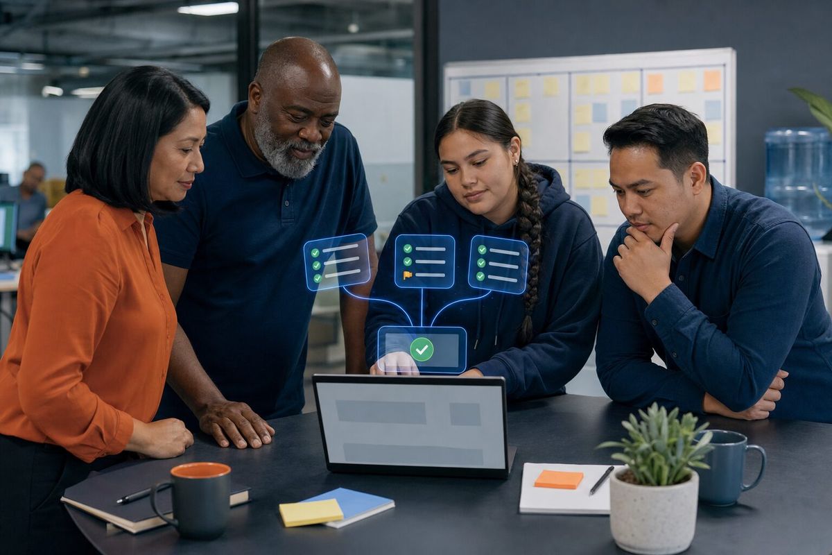 Illustrative photo: the QA Orchestrator at work for the product team at a booking software company, laying out results as blue panels above a laptop.