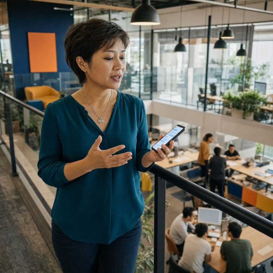 Illustrative photo: the product manager at a booking software company asks the QA Orchestrator for help from their phone.