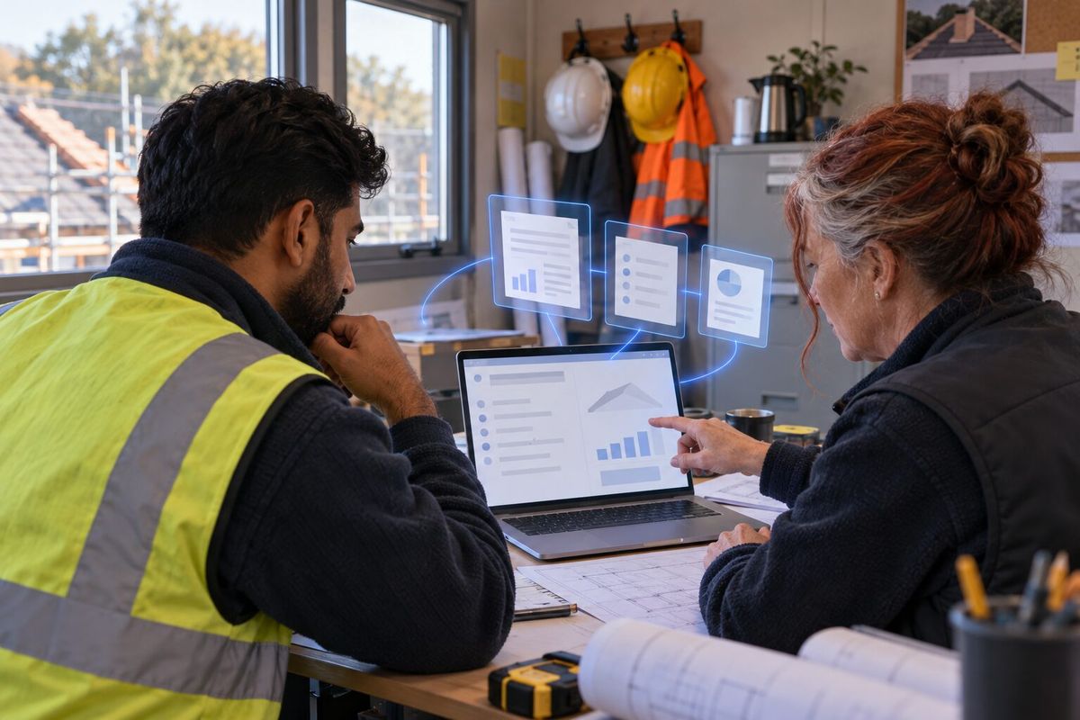 Illustrative photo: the Quote Builder at work for the owner and estimator of a small roofing contractor, laying out results as blue panels above a laptop.