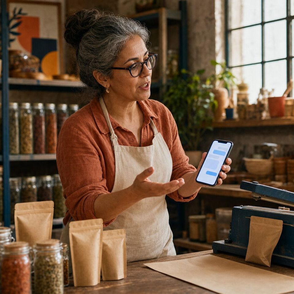 Illustrative photo: the owner of an online spice shop asks the Real User Monitor for help from their phone.