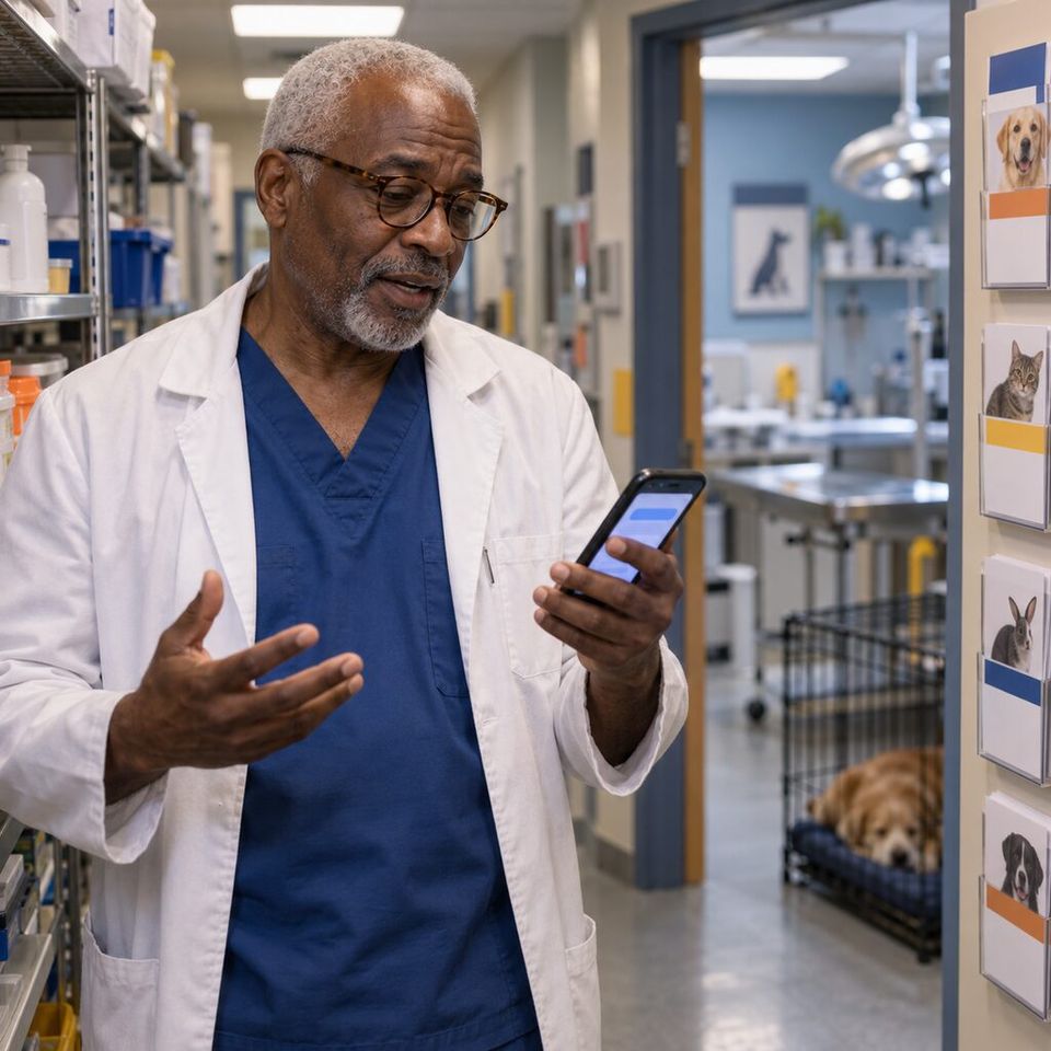 Illustrative photo: the owner of a family-run veterinary clinic asks the Receptionist for help from their phone.