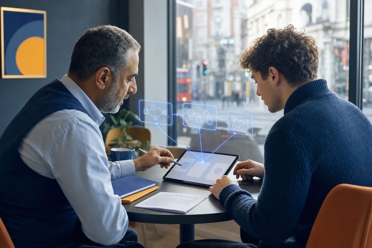Illustrative photo: the Recipe Manager at work for the operations team at a recruitment agency, laying out results as blue panels above a tablet.