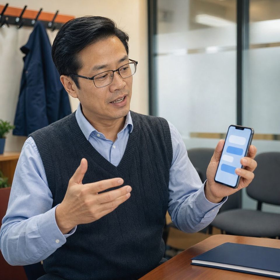 Illustrative photo: the owner of a regional home-care agency asks the Recruiting Coordinator for help from their phone.