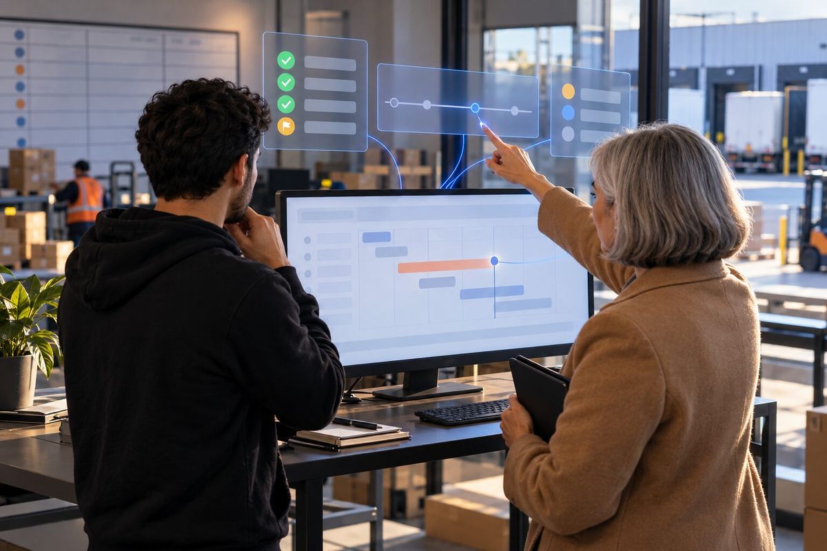 Illustrative photo: Red Hat Expert at work for the IT lead of a small freight logistics company and the operations director, laying out results as blue panels above a monitor.