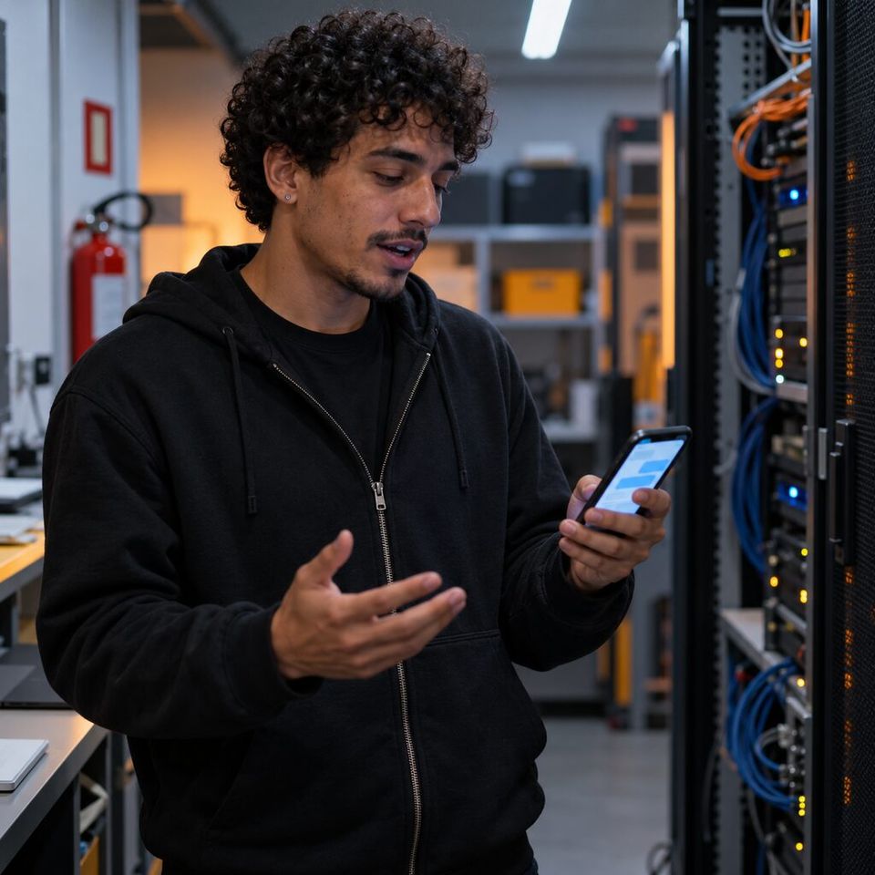 Illustrative photo: the IT lead of a small freight logistics company asks Red Hat Expert for help from their phone.