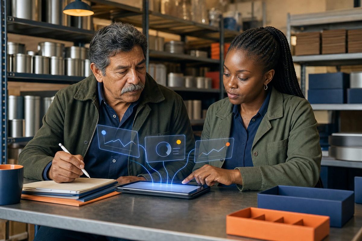 Illustrative photo: the Regulatory Analyst at work for the owner and purchasing coordinator of a small specialty-food import business, laying out results as blue panels above a tablet.