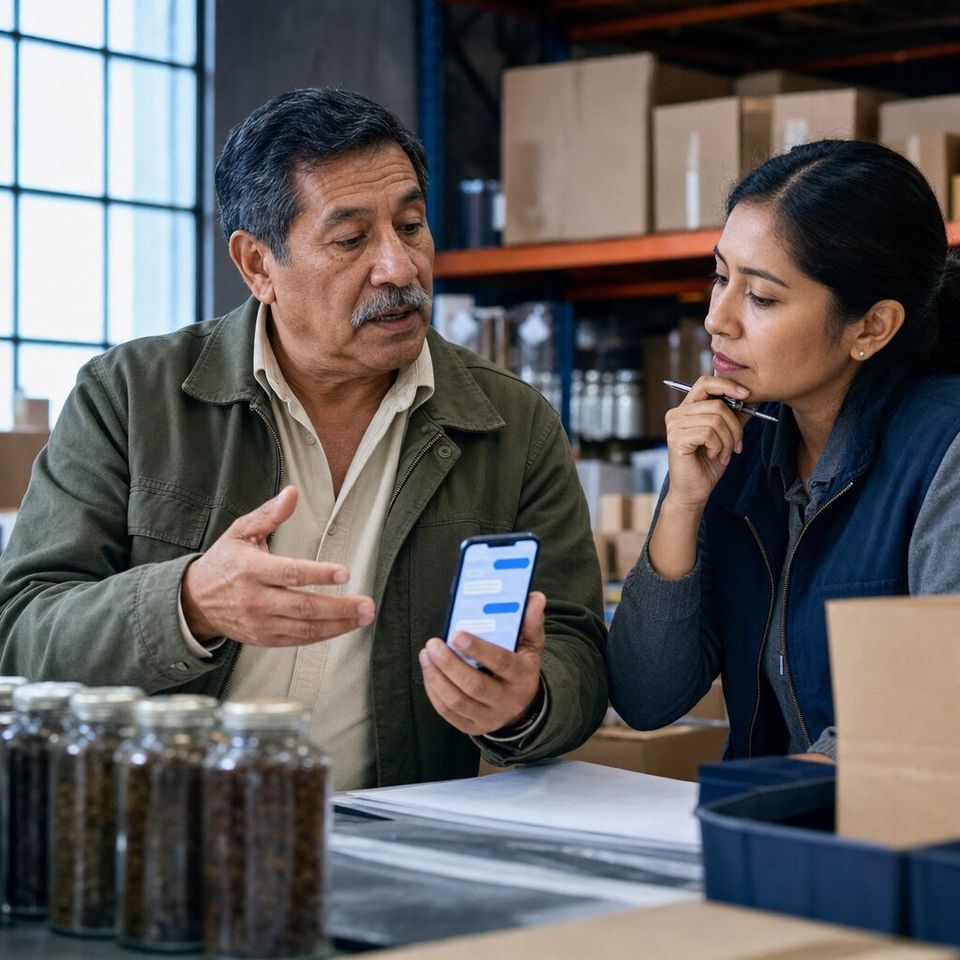 Illustrative photo: the owner of a small specialty-food import business asks the Regulatory Analyst for help from their phone.