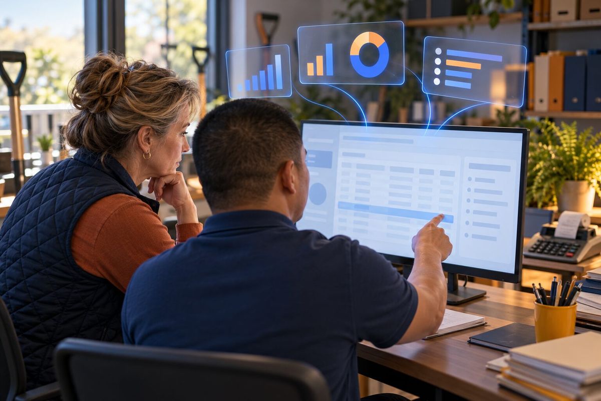 Illustrative photo: Remittance Clerk at work for the finance manager of a small garden tools manufacturer and her bookkeeper, laying out results as blue panels above a monitor.