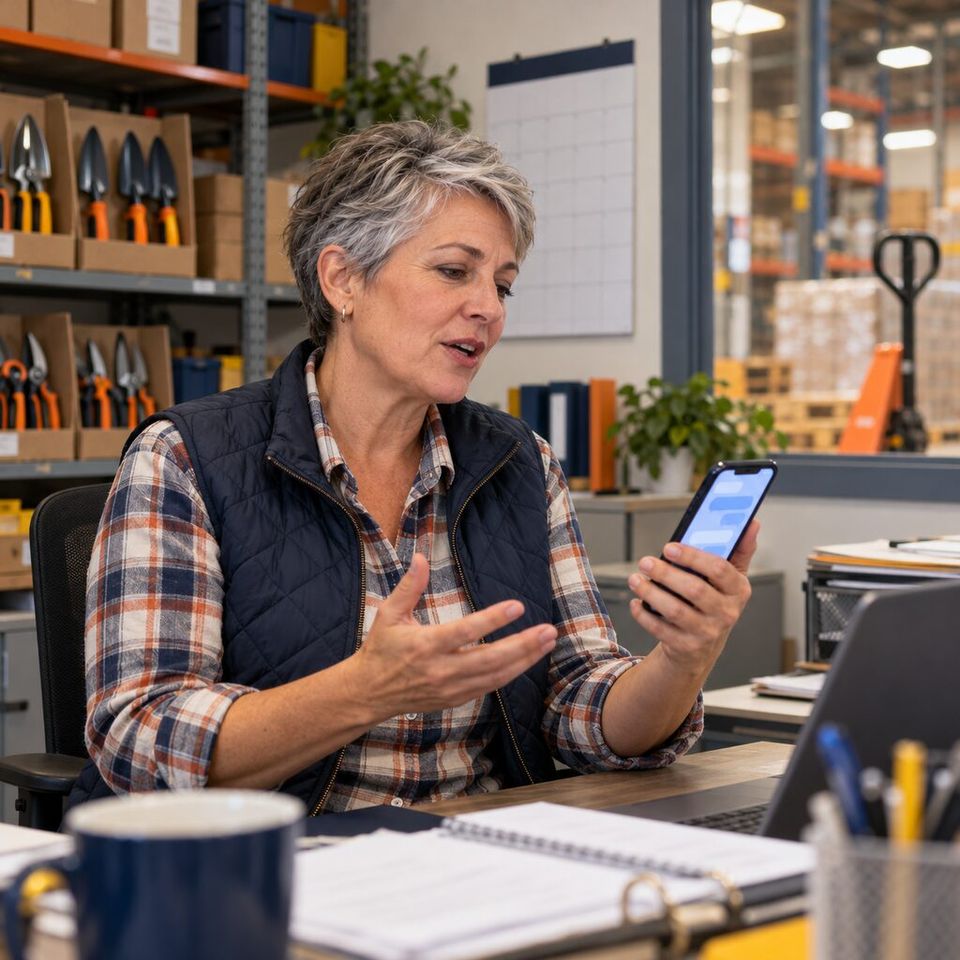 Illustrative photo: the finance manager of a small garden tools manufacturer asks Remittance Clerk for help from their phone.