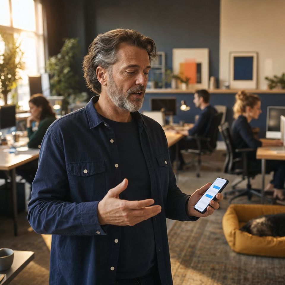 Illustrative photo: the owner of a small marketing agency asks the Reporting Agent for help from their phone.