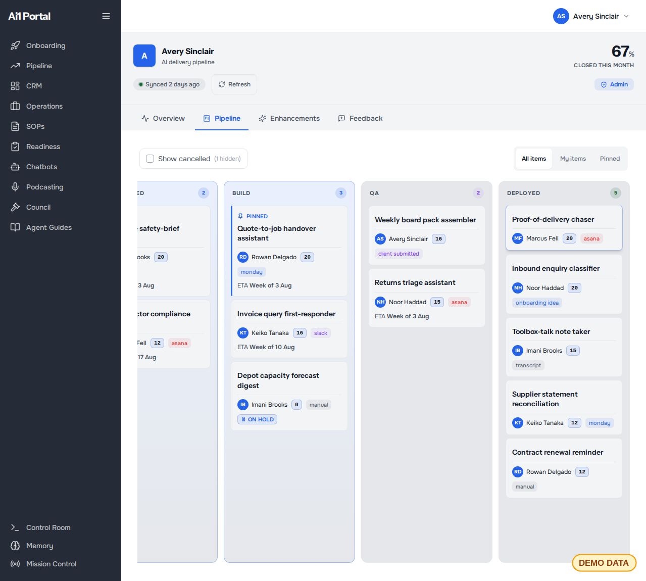 Later stages of the pipeline board for a demo company, with request cards in the Build, QA and Deployed columns (demo data)