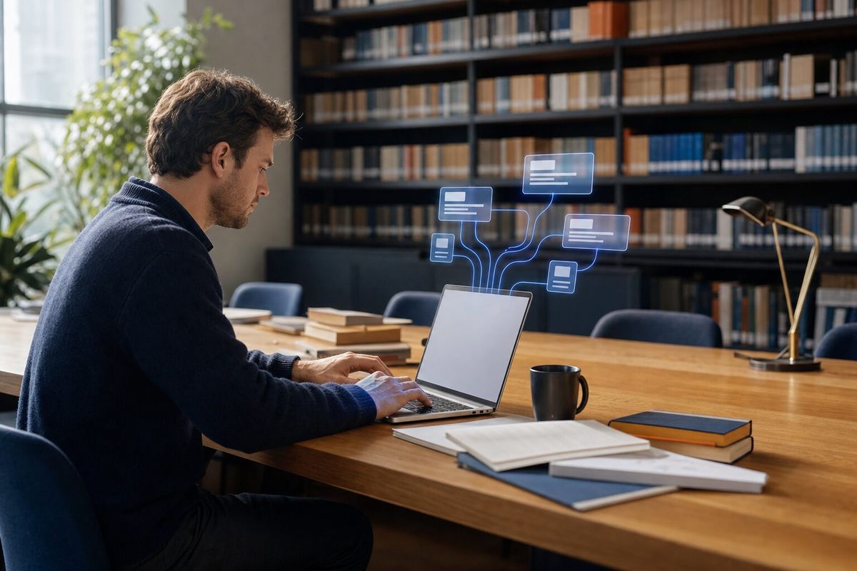 Illustrative photo: the Research Agent at work for the research associate, laying out results as blue panels above a laptop.