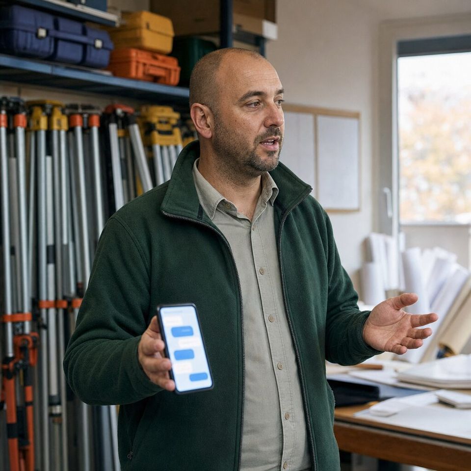 Illustrative photo: the owner of a small land-surveying firm asks the Resourcing Manager for help from their phone.